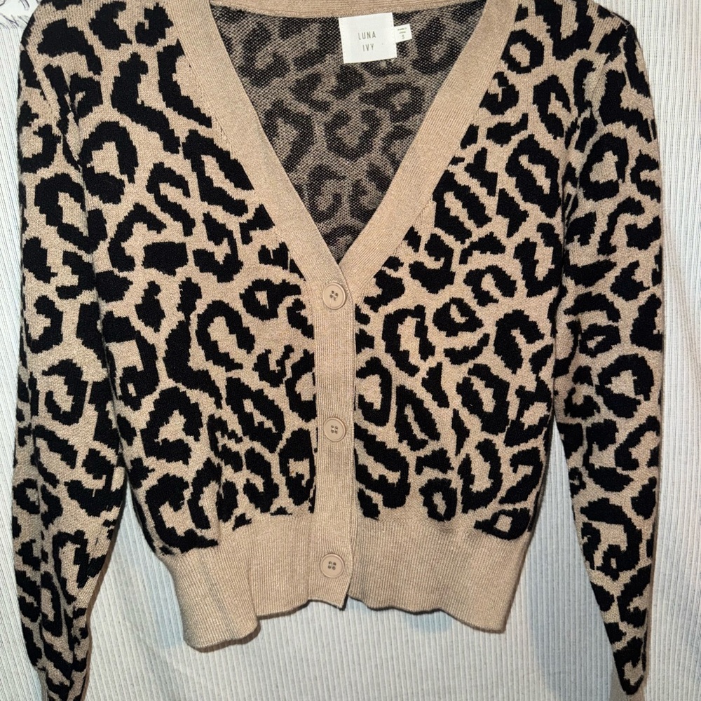 Black and Tan Cropped Leopard Cardigan Sweater